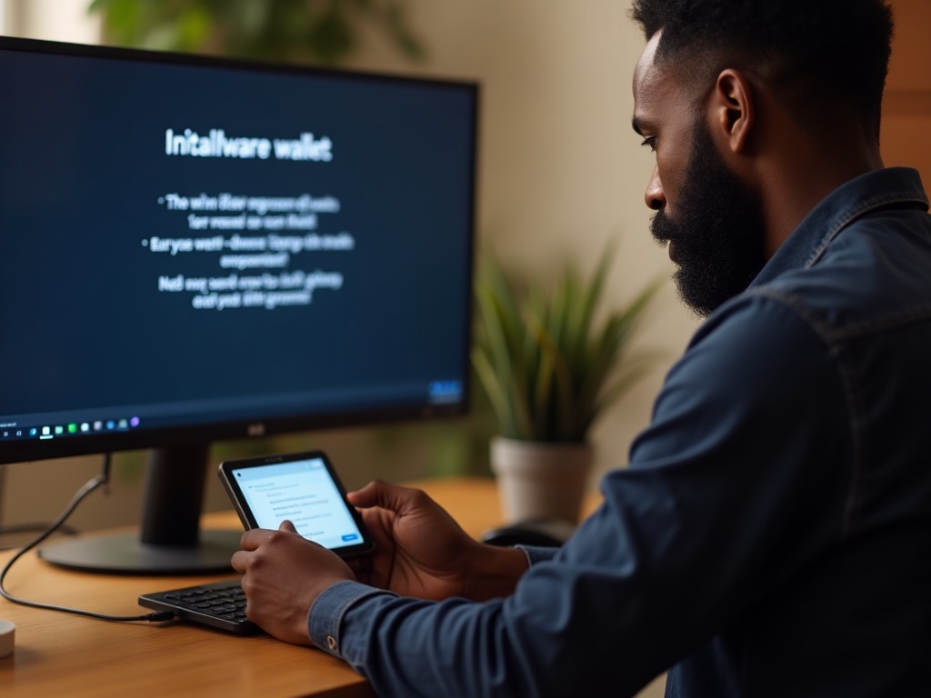 Step-by-step hardware wallet initialization process shown on device screen and companion app