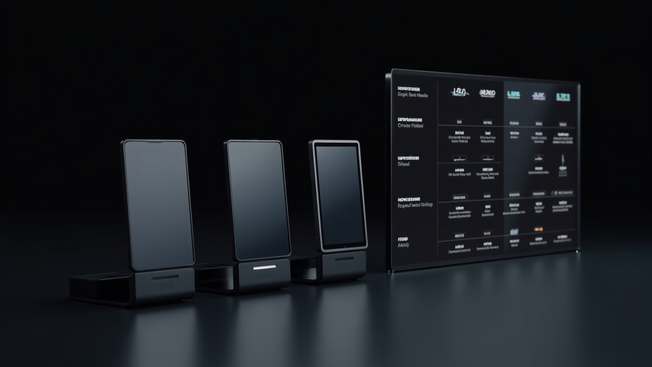 Various hardware wallet models displayed side by side with feature comparison chart